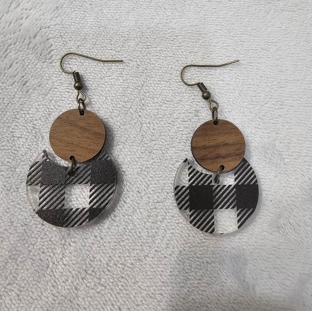 Buffalo Plaid Earrings With Wooden Accent